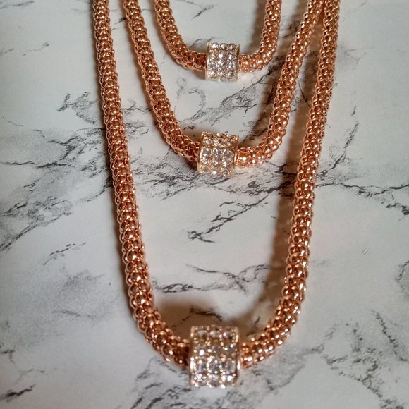 3 Tier Rose Gold Tone Popcorn Chain Each with crystal encrusted rondelle barrel - Picture 1 of 14
